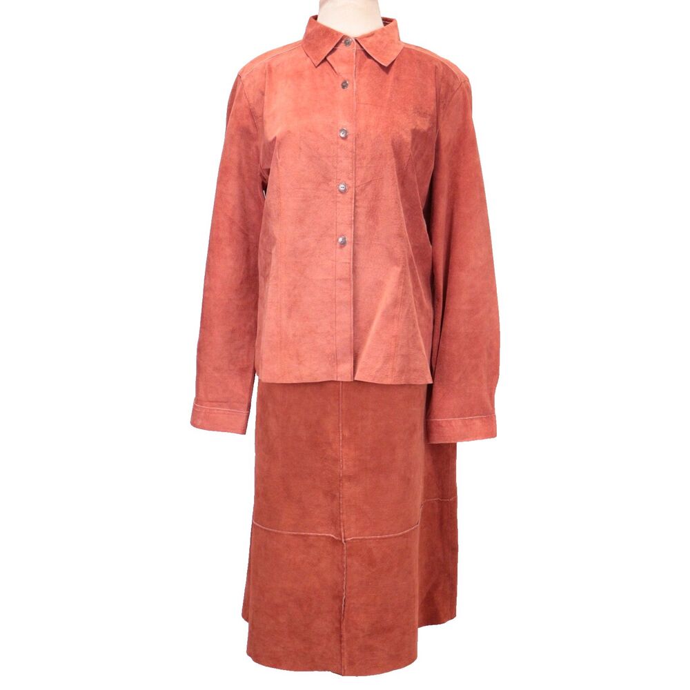 Brandon Thomas Maxi Skirt Jacket Suit Salmon Suede Leather 2 Piece Sz 16‎ EUC